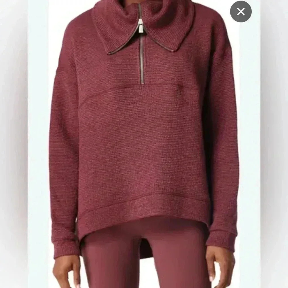 Sweaty Betty restful Boucle Waffle Knit Burgundy Half Zip Long Sleeve